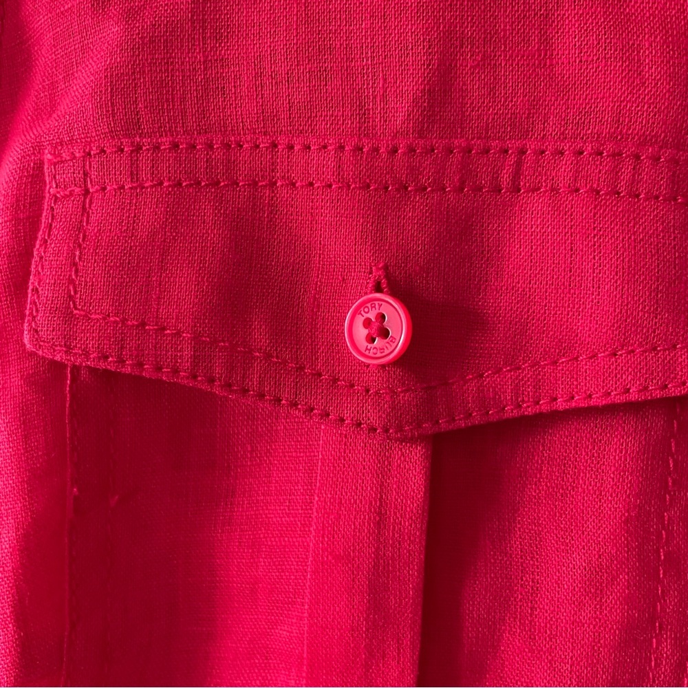 Tory Burch Red 100% Linen Button Down Size 14 - image 4